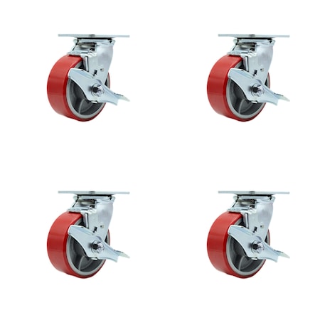 Service Caster 5 Inch Red Poly on Cast Iron Swivel Caster Set with Ball Bearings and Brakes SCC SCC-30CS520-PUB-RS-TLB-4